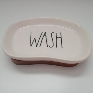 Rae Dunn Soap Dish WASH.  Nwt.  Ceramic top and wood bottom.  5½" x 4".